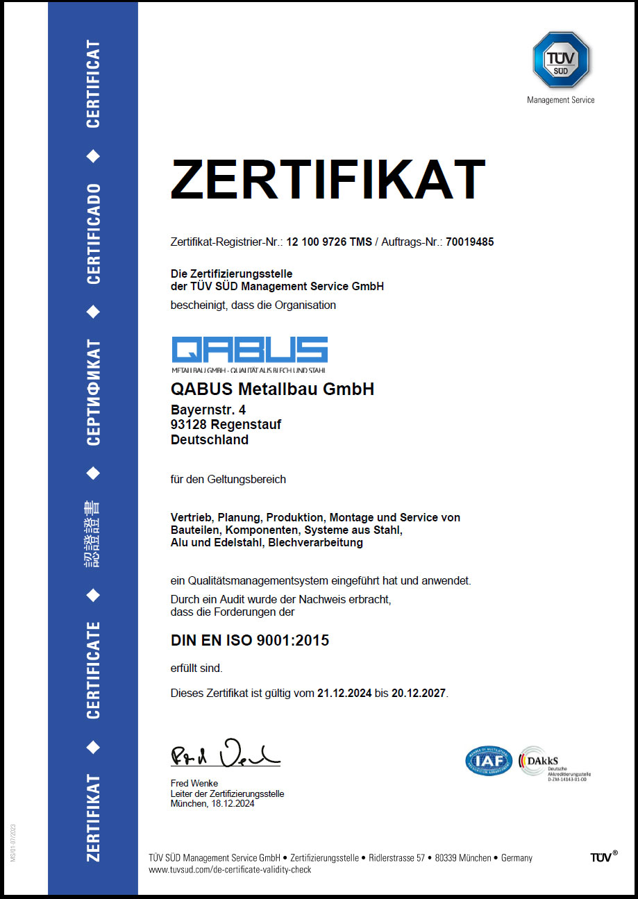 TÜV-Zertifikat, QABUS Metallbau, DIN EN ISO 9001:2015